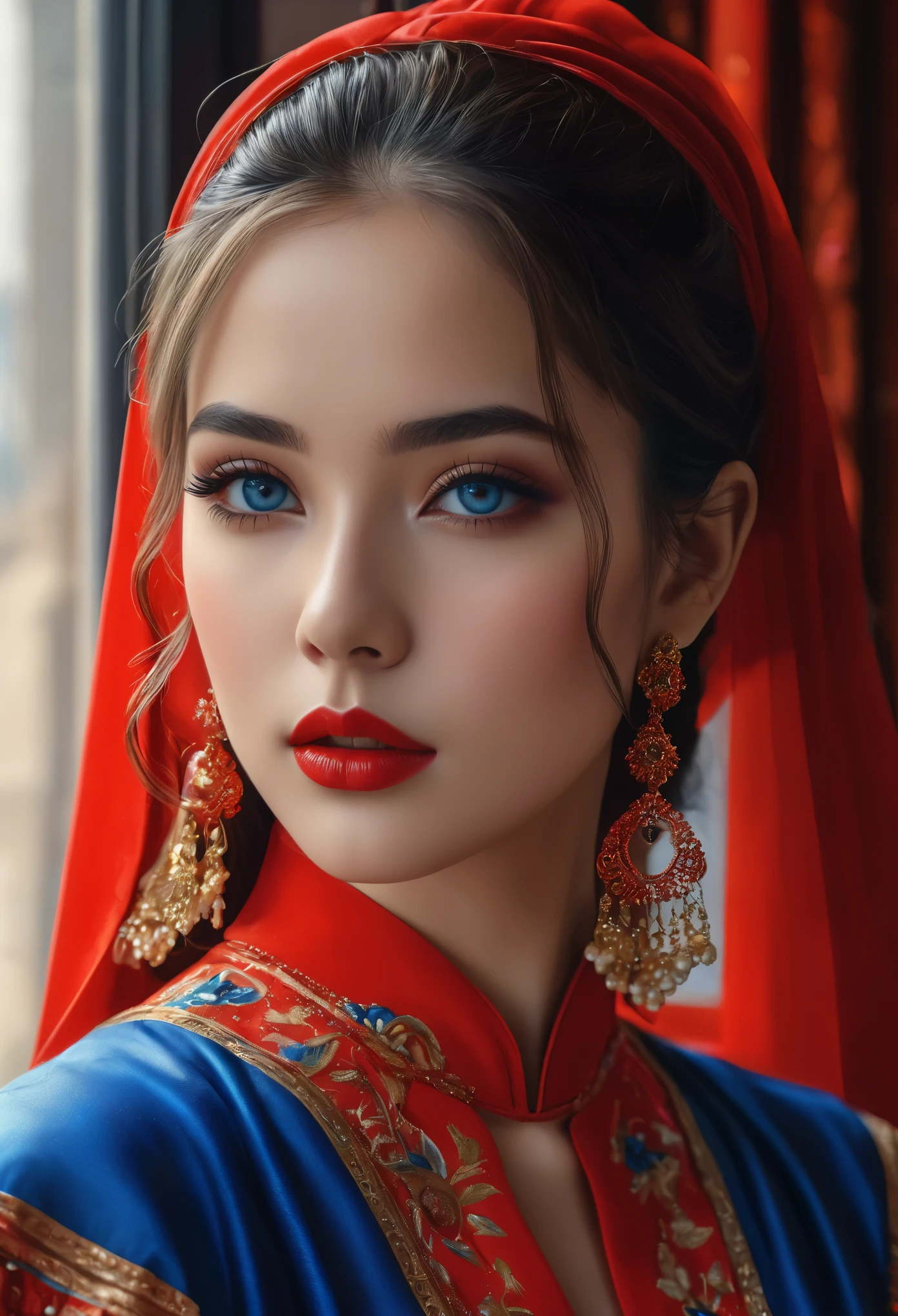 (highest quality, 4k, 8K, High resolution, masterpiece: 1.2), (Super detailed, realistic, realistic:1.37)Seductive young girl, Wearing a striking red and blue ensemble, Stand in front of the window with toughness and determination. Her mesmerizing eyes are exquisitely crafted, Capture every sparkle and depth, her lips、It boasts a detailed beauty that is captivating and enchanting.。. The level of detail is across the entire face, Each contour and feature is perfectly and meticulously rendered., Create a sense of hyperrealism that draws viewers in. 

girls&#39; clothes, It is a work of art in itself. material, Adds a touch of dynamism to her overall look. It truly reflects the artist&#39;s talent, show off your skill