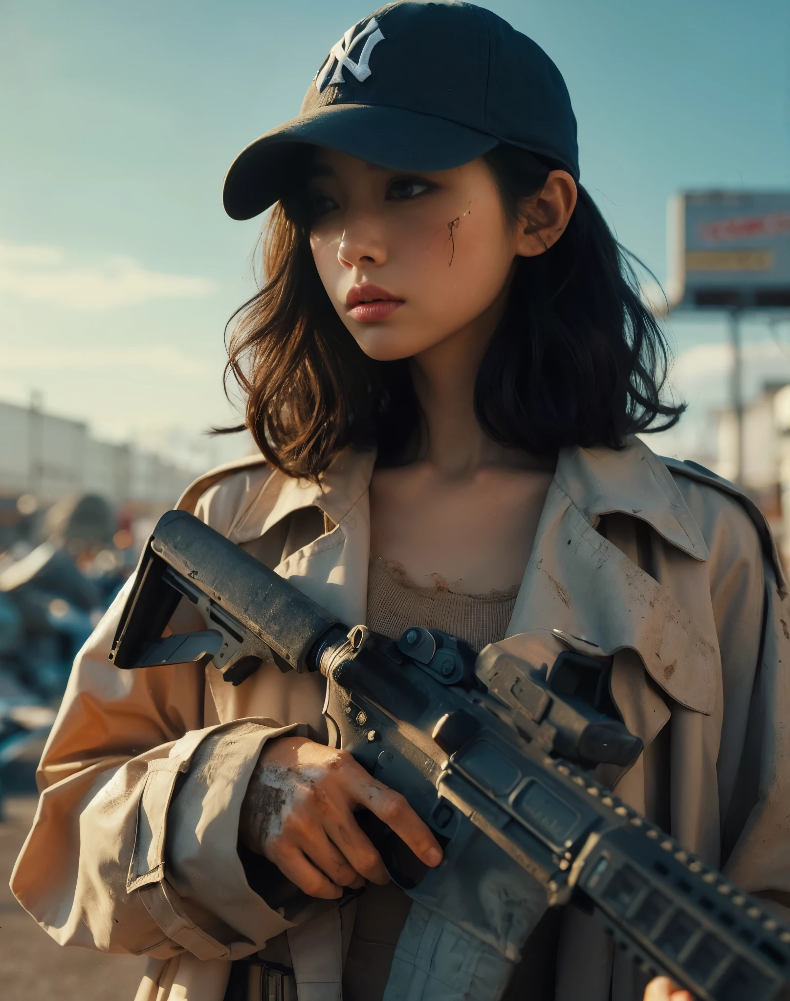 "(best quality,8K,realistic photo,realistic skin texture),beautiful Japanese woman living in America,holding a Remington V3 Tac-13,dirty beige trench coat,Yankees navy baseball cap,dirty high-cut Nike sneakers,debris-strewn town,sunny day,detailed face with expressive eyes,cool action pose,stylish composition"