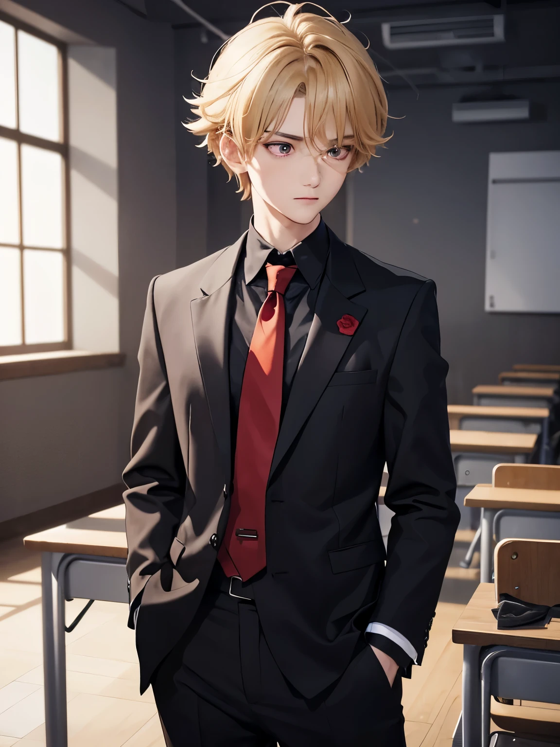 1boy,handsome,,Standing in class,Facing left, camera angle from the side, looking away,half body photo,Perfect face, HD face, ultra detailed face, short hair, blonde hair, messy hair, bright red eyes, vampire, black shirt, black trousers, red tie, ultra detailed, ultra HD