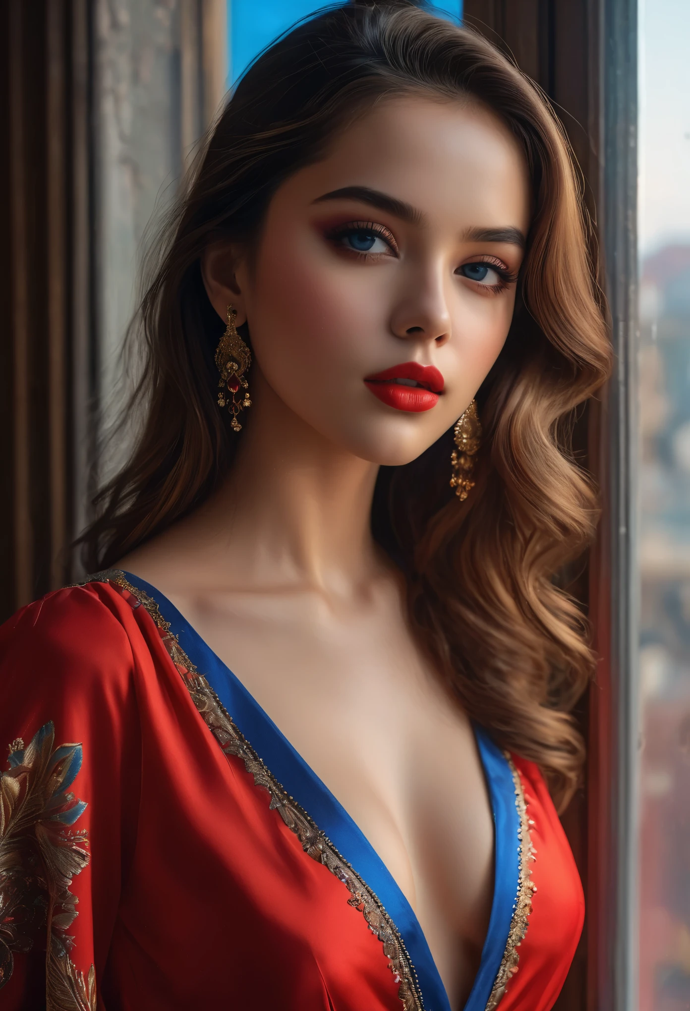 (highest quality, 4k, 8K, High resolution, masterpiece: 1.2), (Super detailed, realistic, realistic:1.37)Seductive young girl, Wearing a striking red and blue ensemble, Stand in front of the window with toughness and determination. Her mesmerizing eyes are exquisitely crafted, Capture every sparkle and depth, her lips、It boasts a detailed beauty that is captivating and enchanting.。. The level of detail is across the entire face, Each contour and feature is perfectly and meticulously rendered., Create a sense of hyperrealism that draws viewers in. 

girls&#39; clothes, It is a work of art in itself. material, Adds a touch of dynamism to her overall look. It truly reflects the artist&#39;s talent, show off your skill