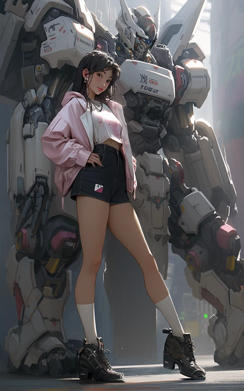 Anime girl in shorts and jacket standing next to giant robot, artwork in the style of Gweiz, cyberpunk anime girl mecha, trending on cgstation, Gweiz, Written by Russell Dongjun Lu, digital cyberpunk anime art, lost run 8k, Gweiz on artstation pixiv, girl in underwear