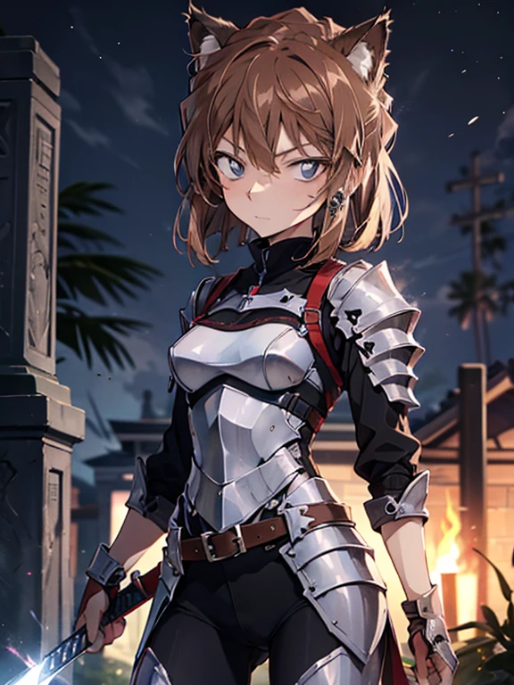 Haibara Ai、girl、brown hair、Cat ear、cat tail、Western armor、knight、prepare a sword、excalibur、cemetery、UHD, retina, masterpiece, ccurate, anatomically correct, textured skin, high details, best quality