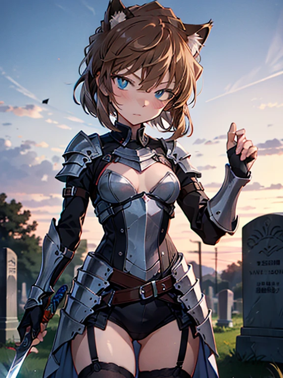 Haibara Ai、girl、brown hair、Cat ear、cat tail、Western armor、knight、prepare a sword、excalibur、cemetery、UHD, retina, masterpiece, ccurate, anatomically correct, textured skin, high details, best quality