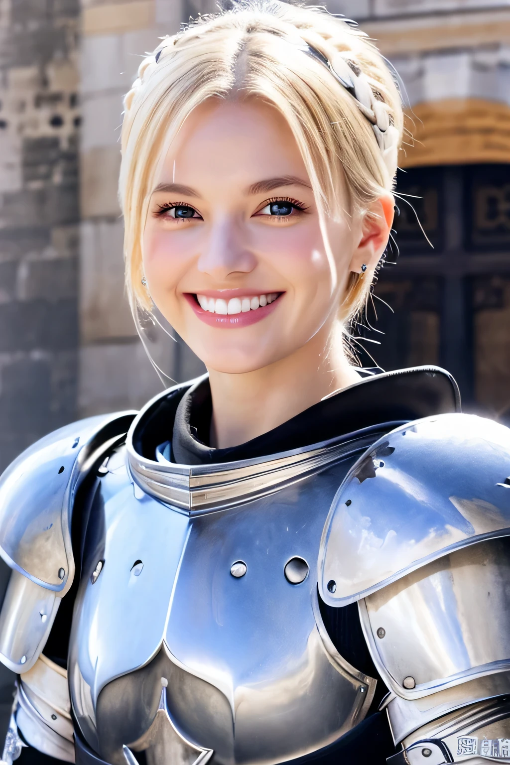 8k、highest quality、female knight、The background is a castle、Luxurious Silver Armor、heavy equipment、hairstyle shortcut、smile、beautiful teeth、full body photo、ear piercing、white woman、blonde、blue eyes、Gummy Smile、