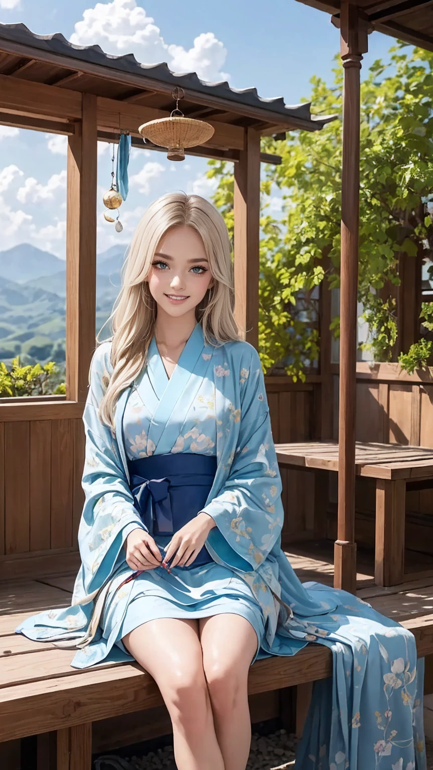((最high quality, 8K, masterpiece: 1.3, Ultra HD, high quality, 最high quality, High resolution, realism)) 、A 22-year-old extremely beautiful white woman、Her hair color is platinum blonde、blue eyeedium hair、straight hair、The hair is shiny、The skin is lustrous、smile、Slender but well-proportioned muscular body、Athlete-like body type、I don&#39;t want my head to disappear from the screen.、Wearing accessories on your wrist、Wearing red nail polish、I have a peticure、Sitting on the veranda of a Japanese house in the Japanese countryside、It&#39;s summer、A wind chime is hung in front of the eaves.、barefoot、There is a basket full of tomatoes and carrots on the veranda.、The basket is made of woven bamboo strips、A courtyard spreads out in front of the verandah.、There is a well with a hand pump in the courtyard.、wear a yukata、The blue sky is beautiful、Cumulus clouds appear、summer sunshine、anatomically correct((anatomically correct))、Ultra high definition((UHD))、textured skin((textured skin))、very detailed((super detail))、high detail((high details))、smile showing teeth((grin))
