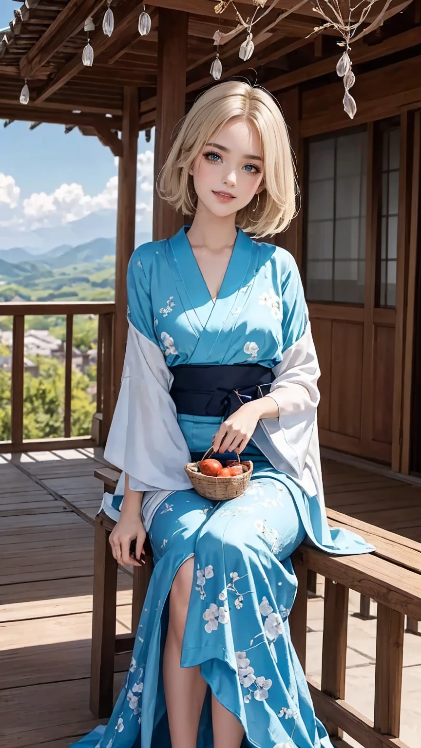 ((最high quality, 8K, masterpiece: 1.3, Ultra HD, high quality, 最high quality, High resolution, realism)) 、A 22-year-old extremely beautiful white woman、Her hair color is platinum blonde、blue eyeedium hair、straight hair、The hair is shiny、The skin is lustrous、smile、Slender but well-proportioned muscular body、Athlete-like body type、I don&#39;t want my head to disappear from the screen.、Wearing accessories on your wrist、Wearing red nail polish、I have a peticure、Sitting on the veranda of a Japanese house in the Japanese countryside、It&#39;s summer、A wind chime is hung in front of the eaves.、barefoot、There is a basket full of tomatoes and carrots on the veranda.、The basket is made of woven bamboo strips、A courtyard spreads out in front of the verandah.、There is a well with a hand pump in the courtyard.、wear a yukata、The blue sky is beautiful、Cumulus clouds appear、summer sunshine、anatomically correct((anatomically correct))、Ultra high definition((UHD))、textured skin((textured skin))、very detailed((super detail))、high detail((high details))、smile showing teeth((grin))