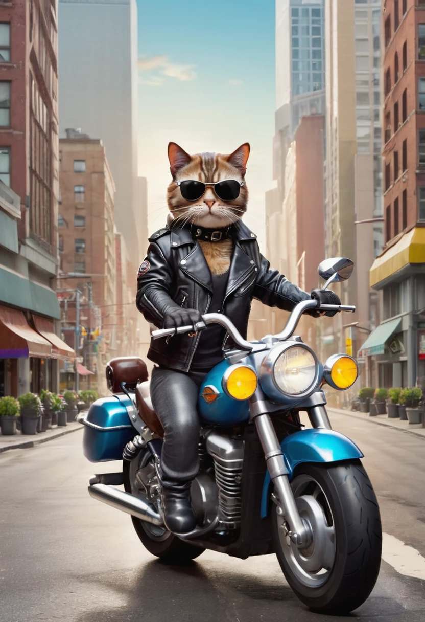 Anthropomorphic cat riding a heavy motorcycle wearing a leather jacket and sunglasses on a city background