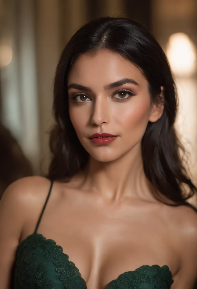 Describe a scene involving a gorgeous dark-haired Colombian woman/rouge, au regard sexy regardant la camera, yeux vert, black evening dress