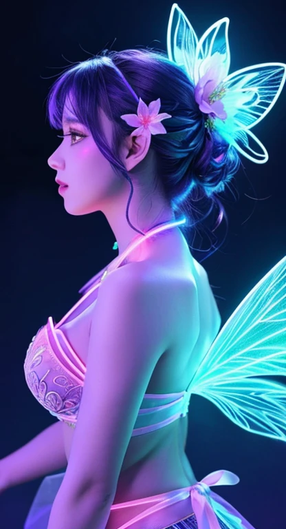 Woman with a flower in her hair, fairy wings, in an intricate pose, hands up,trends in cg community, digital art, neon blue veins glowing, purple body, stunning background, intricate neon glow accents, gorgeously detailed figure, dimensionality, waist-high shot, glowing body, airbrush, detailed airbrush, glow coming from her, profile photo, glowing energy, glowing white face, intricate upper body
