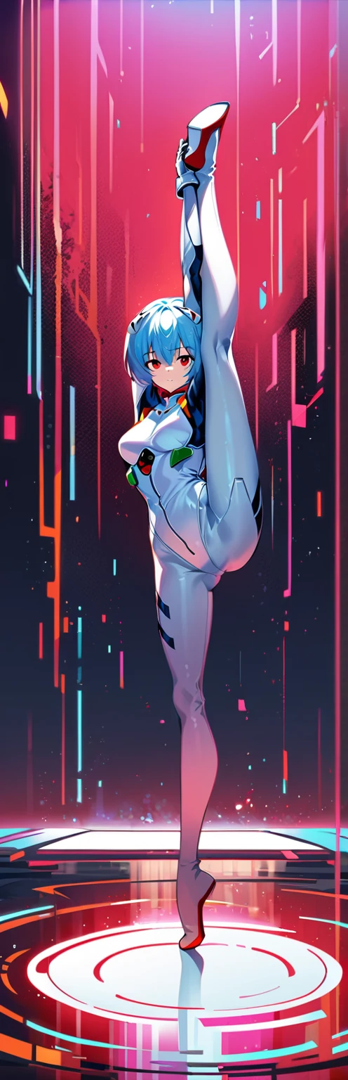 (highest quality:1.2),1 girl,alone,Are standing_Split,AYANAMI REI,white bodysuit,red eyes,pilot suit,short hair,blue hair,bangs,interface headset,turtleneck,hair between eyes,pixelated background,neon light,SF color scheme,Bright colors,metallic texture,detailed shading,Holographic interface,dark atmosphere,high contrast,sharp focus,twig of hair,Reflective surface,exquisite details,High resolution,studio lighting,Red accents,Illuminated environment,artificial intelligence assistant.