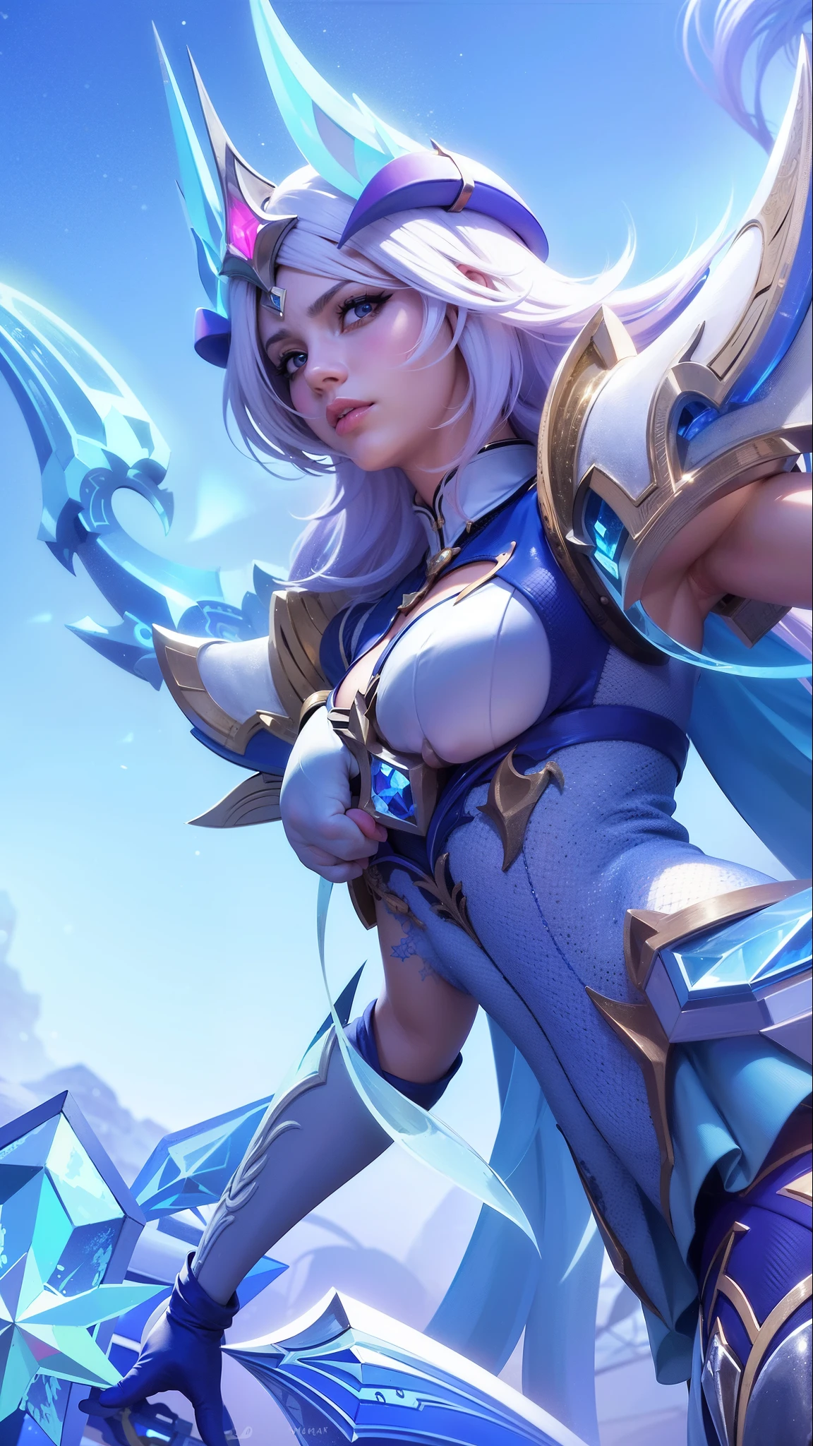 a woman in a blue outfit holding a sword and a sword, ashe, queen of ice and storm, ice sorceress, freezing blue skin, irelia, jaina proudmoore, extremely detailed artgerm, ig model | artgerm, seraphine ahri kda, mobile legends, crystalline skin, ice mage, splash art, 8k, ultra hd, ultra detailed texture, hyper realistic, masterpiece, detailed texture, detailed face, detailed skin, detailed lighting, (photorealistic:1.5), best quality, beautiful lighting, cinematic lighting, professional lighting, ultra highres, realistic, detailed hair, real hair, high quality, (realskin:1.5), extremely detailed, finely detail, ultra-detailed, glare, blue eyes