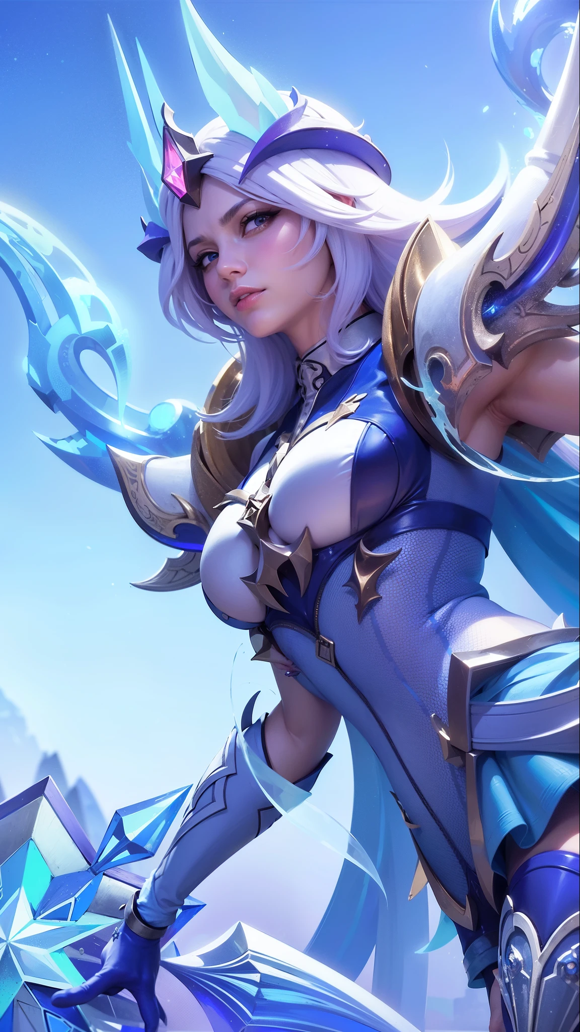 a woman in a blue outfit holding a sword and a sword, ashe, queen of ice and storm, ice sorceress, freezing blue skin, irelia, jaina proudmoore, extremely detailed artgerm, ig model | artgerm, seraphine ahri kda, mobile legends, crystalline skin, ice mage, splash art, 8k, ultra hd, ultra detailed texture, hyper realistic, masterpiece, detailed texture, detailed face, detailed skin, detailed lighting, (photorealistic:1.5), best quality, beautiful lighting, cinematic lighting, professional lighting, ultra highres, realistic, detailed hair, real hair, high quality, (realskin:1.5), extremely detailed, finely detail, ultra-detailed, glare, blue eyes