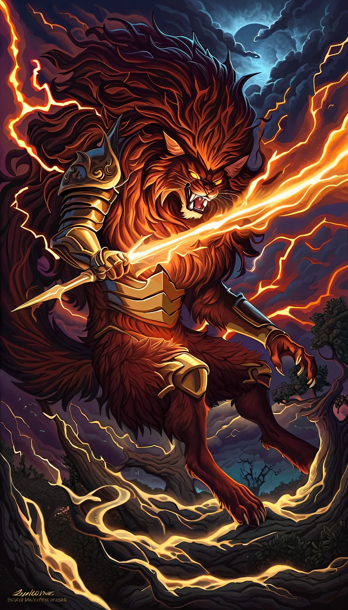 furious, angry, wrathful,supreme, divine, godlike,(cat, feline) knight oil painting, highly detailed, intricate brushstrokes, vibrant colors, rich texture foreboding dark forest, illuminated by dim moonlight, towering ancient trees, twisted branches ominous storm clouds, crackling lightning, adorned in (shimmering, gleaming) armor piercing (fiery, glowing) eyes, snarling fangs majestic (mane, fur) flowing in the wind, radiating power and dominance (fierce, defiant) pose, holding a (enchanted, glowing) sword (hovering, floating) divine aura surrounding the knight