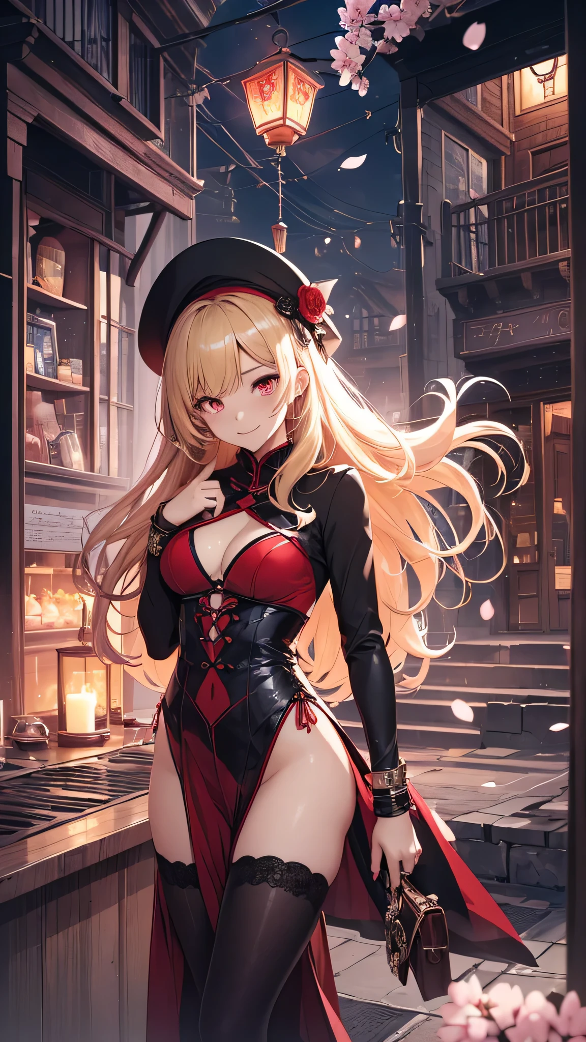 最high quality、best image quality、masterpiece、girl((18-year-old、 By becoming、vest bust、medium bust,wide open breast tea、red glowing eyes, blonde、messy hair、long hair、thin,highest valley、Show the whole body、red cheongsam、open chest、black wristband、red high heels、sexy、smile、)),high quality、beautiful art、background((cyber world、cherry blossoms))、Flight、debris flies、Depth of written boundary、movie、visual art、perfect art、8K,genuine、