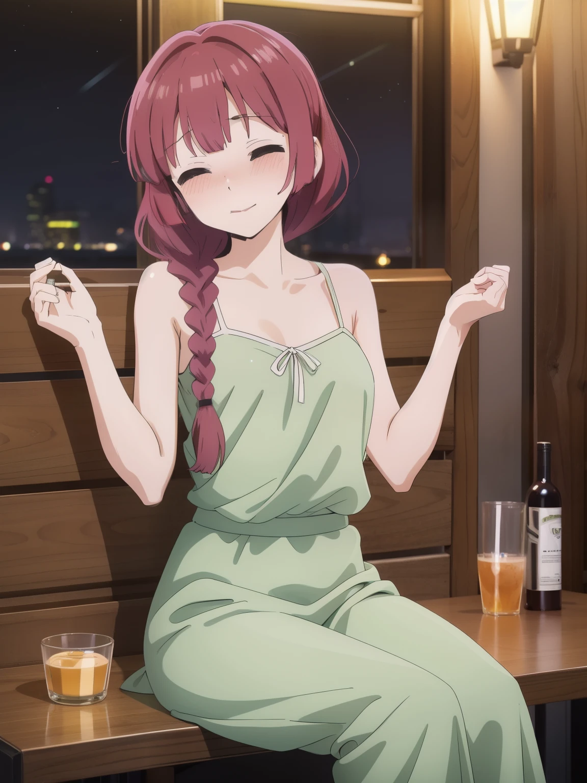 { masterpiece : best quality : high resolution : unity 8k wallpaper : illustration } { Background = night bar } { Hiroi Kikuri : red hair : left shoulder braided hair : perfect slender body : perfectly small shape breast : green dress : closed eyes : drunk blush : sitting at a booth : happy expression }