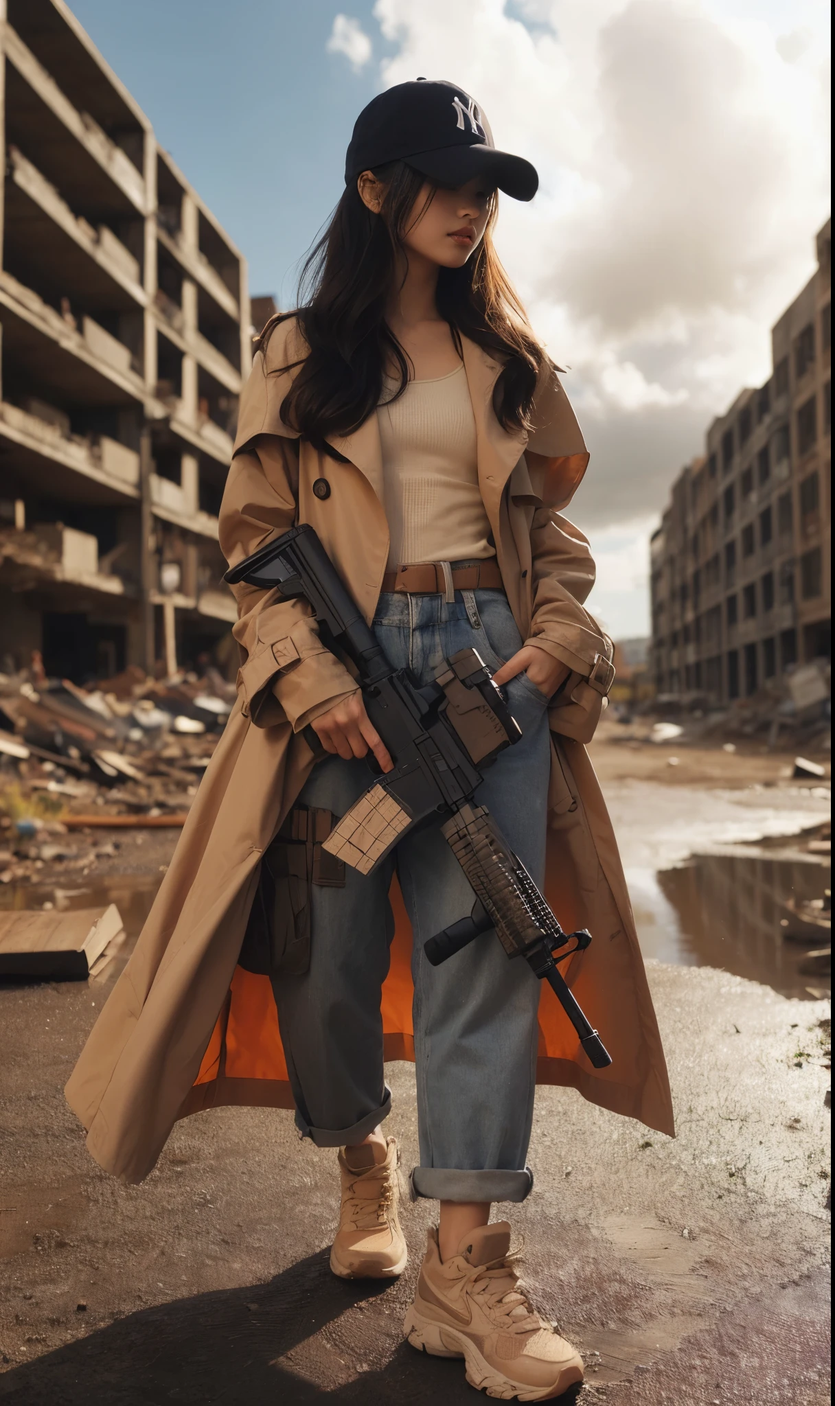 "(best quality,8K,realistic photo,realistic skin texture),beautiful Japanese woman living in America,holding a Remington V3 Tac-13,dirty beige trench coat,Yankees navy baseball cap,dirty high-cut Nike sneakers,debris-strewn town,sunny day,detailed face with expressive eyes,cool action pose,stylish composition"