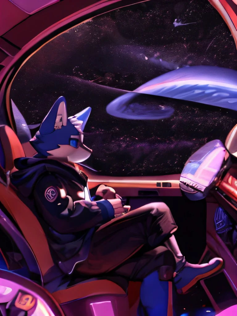 Furry, pokémon blue cat, long dark gray sweatshirt, dark brown shorts, blue eyes, white detail on the mouth, bulge, showing paws, outer space scene with stars and planets.
