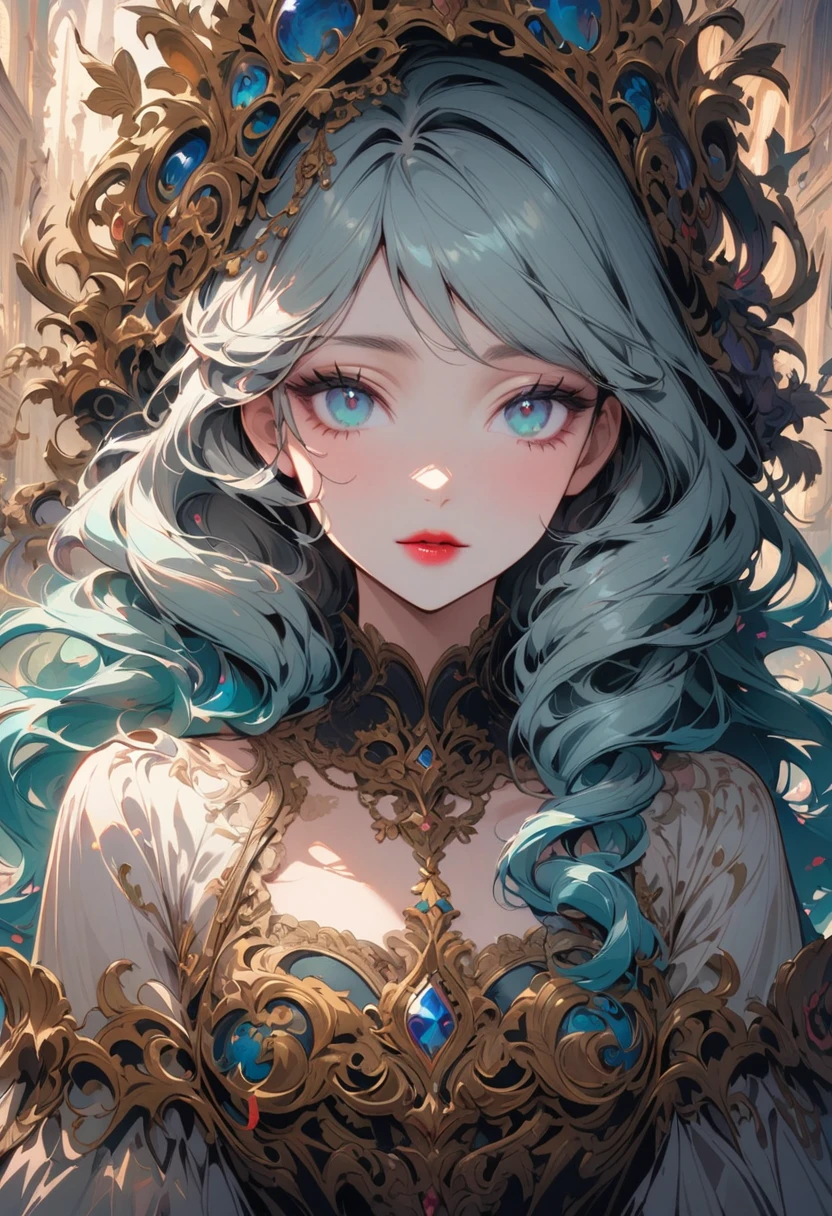 light blue hair, turquoise eyes, long eyelashes, Big red lips, Almond eyes, beauty, Full of girly feeling, curls, Princess