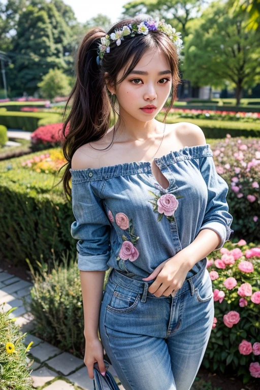 ((best quality:1.2)), ((masterpiece:1.2)), (detailed:1.2), 1 girl, perfect indonesian face, real skin texture, chubby body girl, detailed fingers, rings, messy ponytail bun hair, flower crown, blue casual loosely dress with jeans pant, floral bacground, full flowers garden, hyperrealistic image, perfect lighting photography, RAW,
