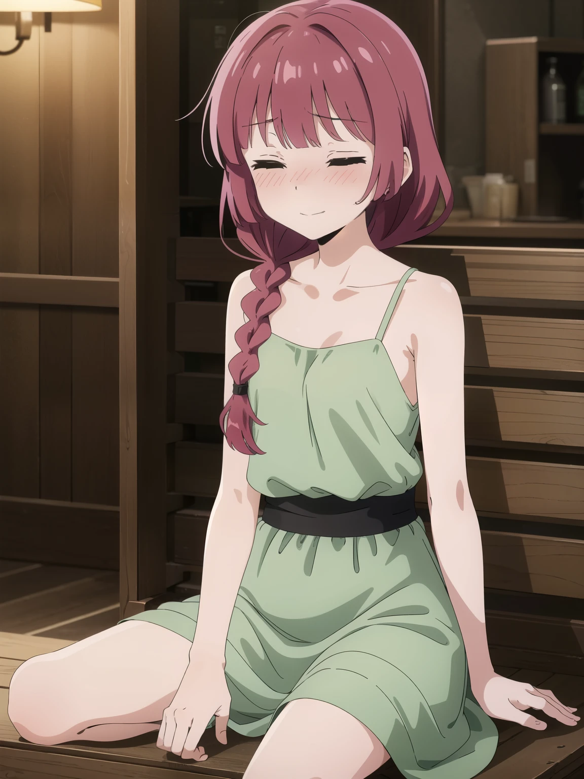 { masterpiece : best quality : high resolution : unity 8k wallpaper : illustration } { Background = dark bar : creepy vibe } { Hiroi Kikuri : red hair : left shoulder braided hair : perfect slender body : perfectly small shape breast : green dress : closed eyes : drunk blush : sitting at a booth : happy expression }