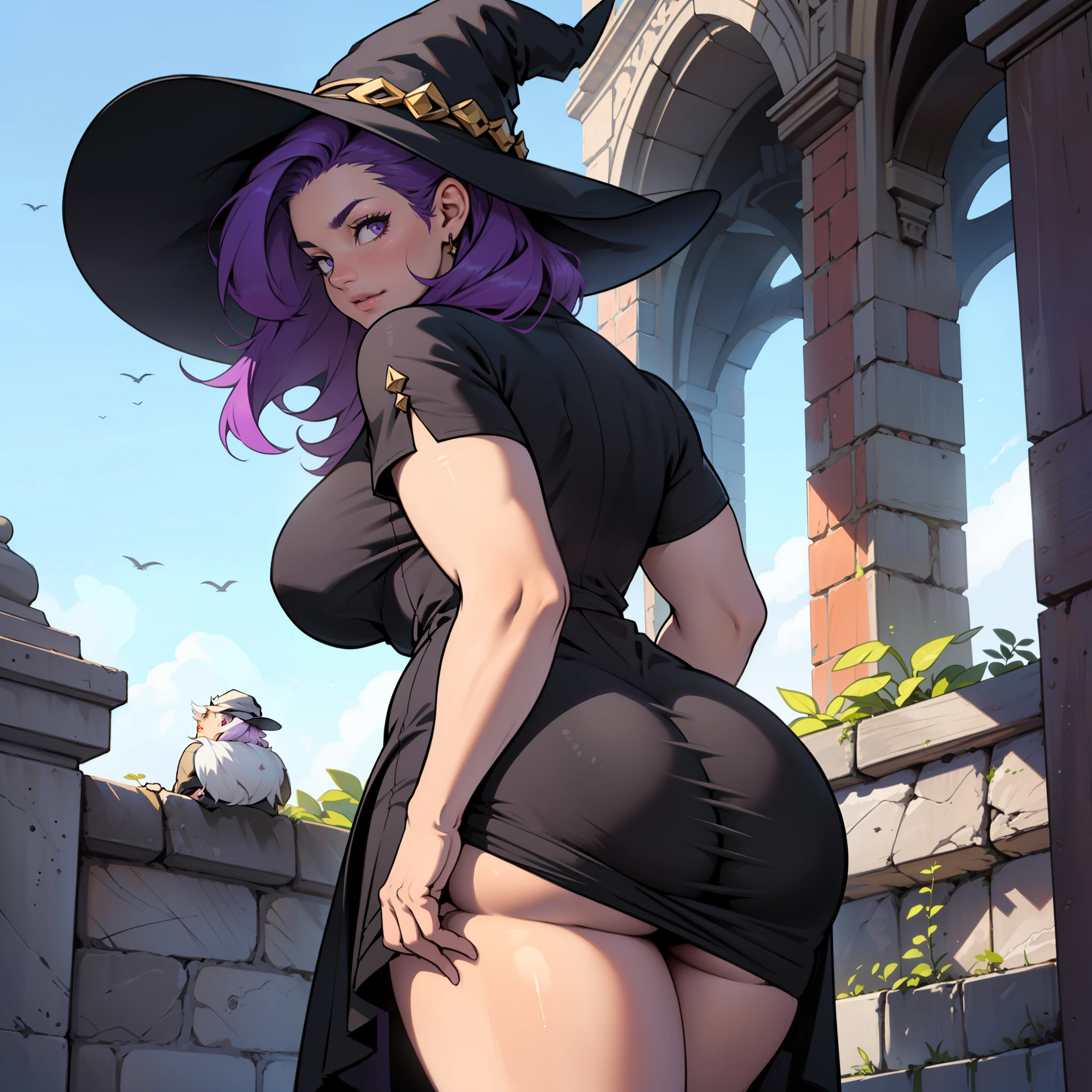 older woman in her 30s with short purple hair and tall curvy busty body seen from behind, de costas, seios grandes, bunda, (obra de arte, Melhor qualidade:1.2) wearing legendary big black dress of mystical sorceress, big witch hat, solo, sozinha
