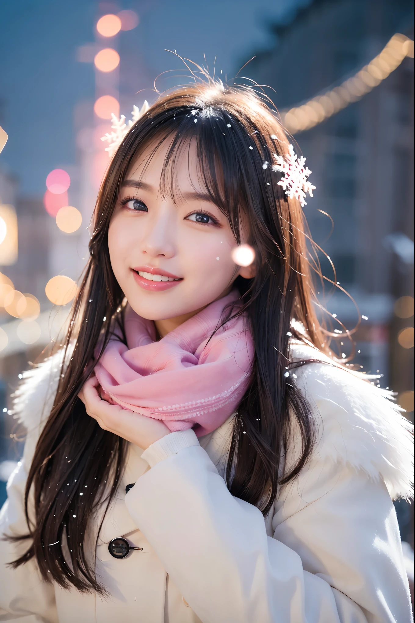 (best quality、masterpiece、8K、Best image quality、Surrealism、Award-winning works)、1 girl、(Elegant fur coat:1.1)、(The perfect pink scarf:1.1)、Soft and delicate light、dramatic lighting、Romantic snowy night city、Romantic Christmas Lights、Beautiful night view of Snow City、Look at me with the best smile、crystal clear fine snow、Beautiful snow reflecting light、diamond powder、(Tyndall effect:1.1)、beautiful snow scene、(it'Snowing:1.1)、(Snowflakes fall on your hair:1.1)、precise anatomy、(face close-up:1.1)、Beautiful glossy lipstick, natural color、natural makeup、glossy lips、Ultra HD Glowing Skin、Ultra High Definition Radiation, beautiful skin、Milky white moisturizing skin、beautiful glowing skin、超高精細のglossy lips、Ultra HD Sparkling Eyes、Beautiful and perfect teeth in ultra-high resolution、Show your beautiful teeth,bloom a bright smile