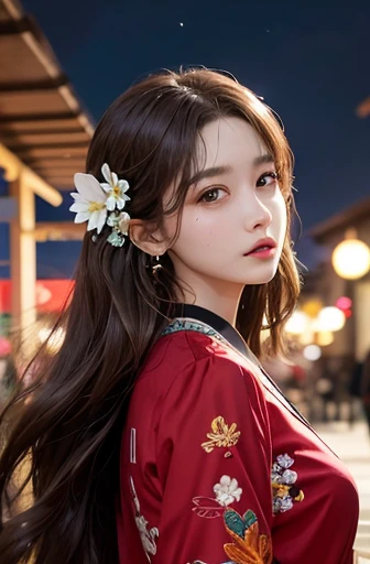 1女of子, blurry, blurry_background, Brown_eye, Brown_hair, depth_of_field, earrings, flower, full_moon, hair_flower, hair_ornament, lips, looking for_in_viewer, moon, moonlight, night, night_null, outdoor, red_flower, red_moon, null, 一人in