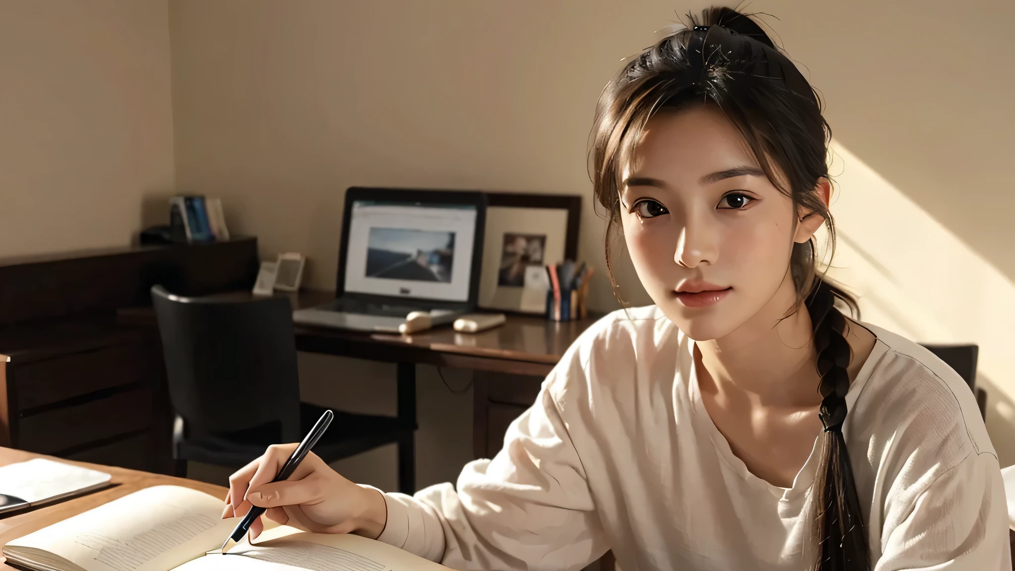 Onry One woman,Room at home, studying at a desk, sitting chair, writing in a notebook,fully body photo,masutepiece, The highest image quality, High quality, the background is clear，Beautiful woman, Japanese, Detailed, Detailed eyes, Detailed skin, Beautiful skin, 超hight resolution, (reality: 1.4),Very beautiful woman, Slightly younger face, Beautiful skin, slender, (Ultra photo realsisim), (hight resolution), (8K), (Very detailed) (beautifully detailed eyes), (super detailed), (Detailed face), view the viewer, Fine details, Detailed face, Staring straight ahead, Staring straight ahead, photos realistic, Bright lighting, Professional Lighting, Black hair,poneyTail,a baby face,sixteen years old,Hairstyle is ponytail,long ponytail hairstyle,slight smile,