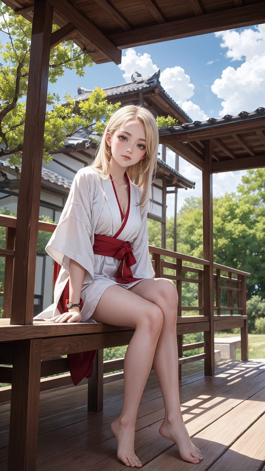 “A beautiful woman with cat ears, long blonde hair, and red eyes. She has a tear mole under her left eye, no human ears, red eye shadow, and light red blush. She is wearing a traditional Japanese yukata with a yellow obi and red thong geta sandals. The image should be highly detailed, 8K resolution, with cinematic lighting and a twilight sky, capturing intricate textures.”
