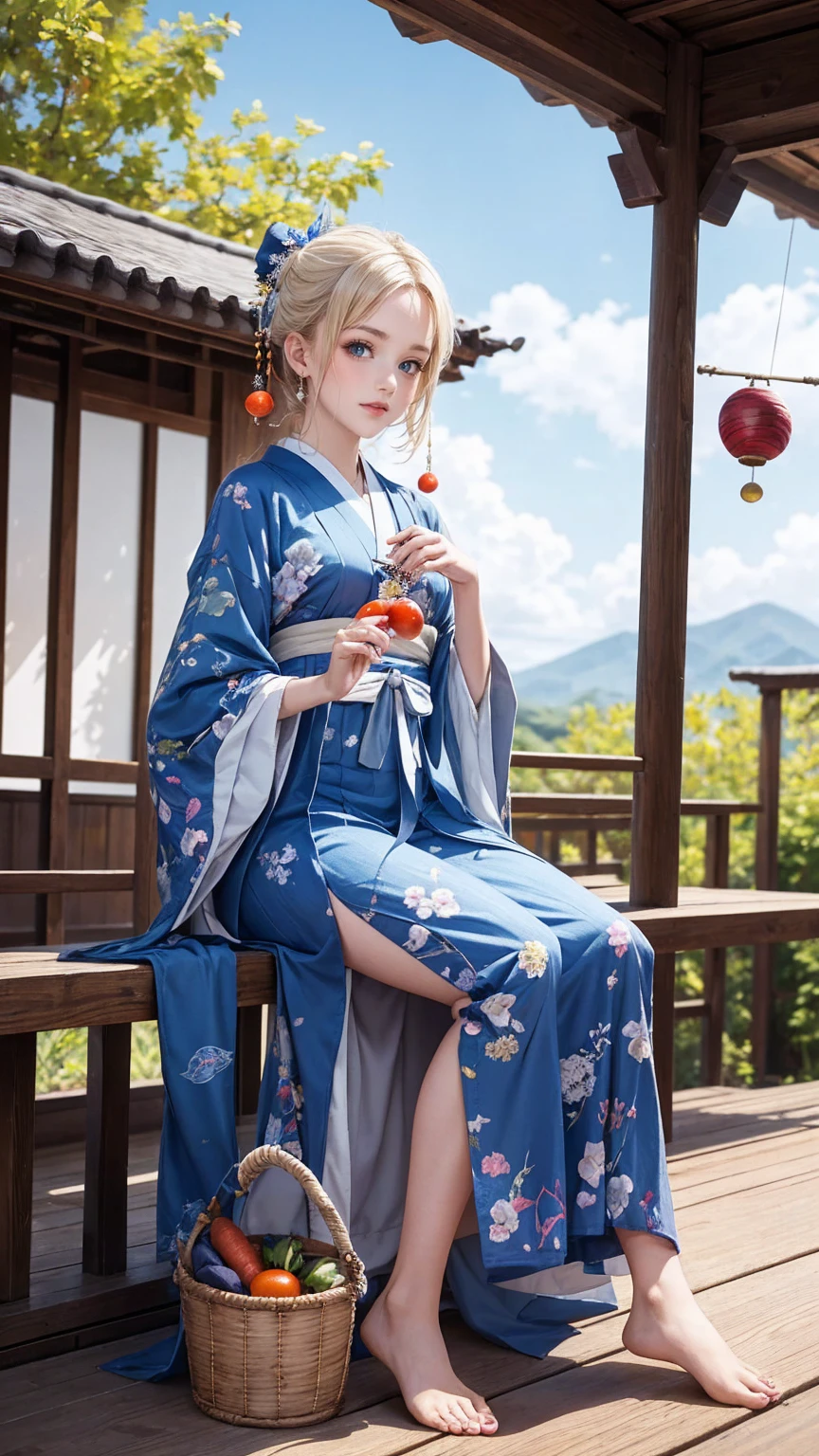 ((最high quality, 8K, masterpiece: 1.3, Ultra HD, high quality, 最high quality, High resolution, realism)) 、A 22-year-old extremely beautiful white woman、Her hair color is platinum blonde、blue eyeedium hair、straight hair、The hair is shiny、The skin is lustrous、smile、Slender but well-proportioned muscular body、Athlete-like body type、I don&#39;t want my head to disappear from the screen.、Wearing accessories on your wrist、Wearing red nail polish、I have a peticure、Sitting on the veranda of a Japanese house in the Japanese countryside、It&#39;s summer、A wind chime is hung in front of the eaves.、barefoot、There is a basket full of tomatoes and carrots on the veranda.、The basket is made of woven bamboo strips、A courtyard spreads out in front of the verandah.、There is a well with a hand pump in the courtyard.、wear a yukata、The blue sky is beautiful、Cumulus clouds appear、summer sunshine、anatomically correct((anatomically correct))、Ultra high definition((UHD))、textured skin((textured skin))、very detailed((super detail))、high detail((high details))、smile((smile))