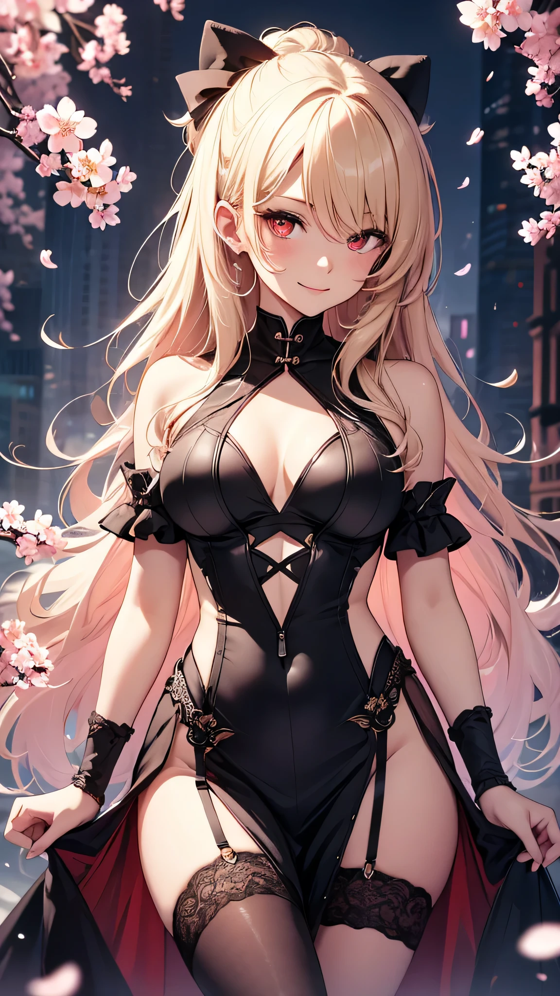 最high quality、best image quality、masterpiece、girl((18-year-old、 By becoming、vest bust、medium bust,wide open breast tea、red glowing eyes, blonde、messy hair、long hair、thin,highest valley、Show the whole body、red cheongsam、open chest、black wristband、red high heels、sexy、smile、)),high quality、beautiful art、background((cyber world、cherry blossoms))、Flight、debris flies、Depth of written boundary、movie、visual art、perfect art、8K,genuine、