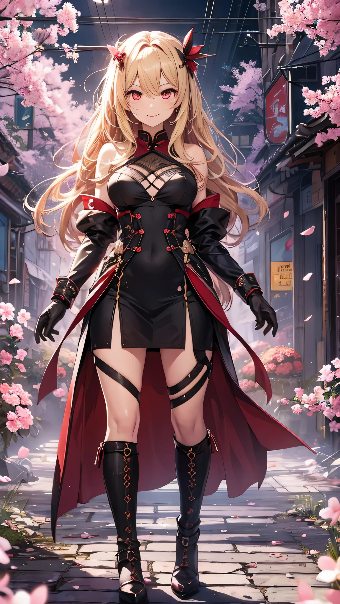最high quality、best image quality、masterpiece、girl((18-year-old、 By becoming、vest bust、medium bust,wide open breast tea、red glowing eyes, blonde、messy hair、long hair、thin,highest valley、Show the whole body、red cheongsam、open chest、black wristband、red high heels、sexy、smile、)),high quality、beautiful art、background((cyber world、cherry blossoms))、Flight、debris flies、Depth of written boundary、movie、visual art、perfect art、8K,genuine、