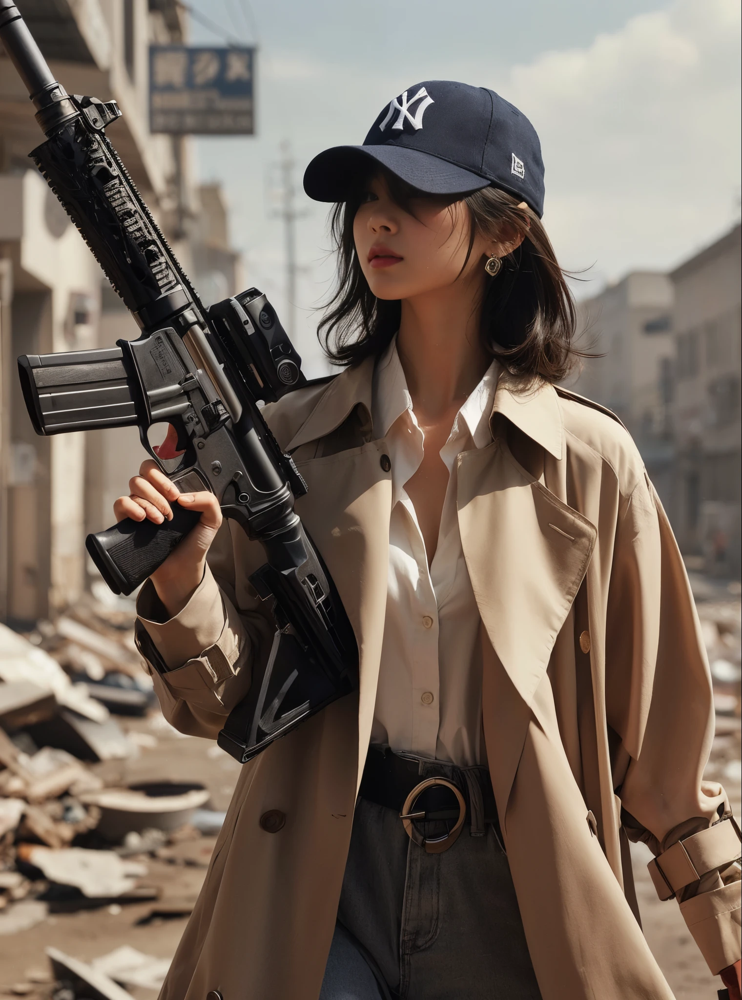 "(best quality,8K,realistic photo,realistic skin texture),beautiful Japanese woman living in America,holding a Remington V3 Tac-13,dirty beige trench coat,Yankees navy baseball cap,dirty high-cut Nike sneakers,debris-strewn town,sunny day,detailed face with expressive eyes,cool action pose,stylish composition"