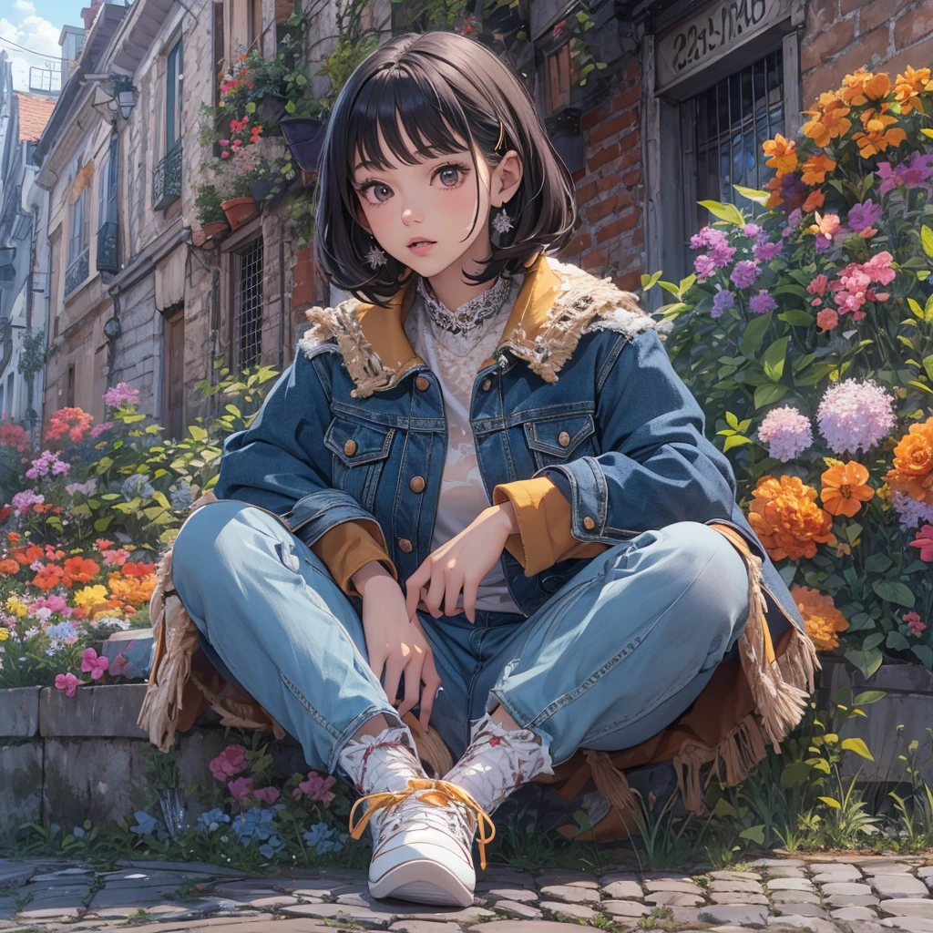(Highly detailed CG unit 8k wallpaper, masterpiece, High resolution, highest quality, highest qualityのリアルテクスチャスキン), Woman sitting on a flower bed by the road:1.4, A cool fashion girl influenced by nostalgic and inorganic fashion, Nana Komatsu, Asymmetrical short hair, detailed costume, fine embroidery, Coordination of maxi-length lace-up layered skirt and long-sleeve denim jacket:1.3, blurred background, An empty back alley in Paris:1.3, cobblestone road, hyper realistic, digital painting, concept art,