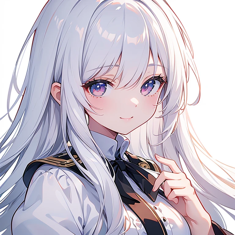 masterpiece, best quality, ultra-detailed, illustration, cute, Girl, Solo, face focus, White hair, long hair, blouse, smile, White background