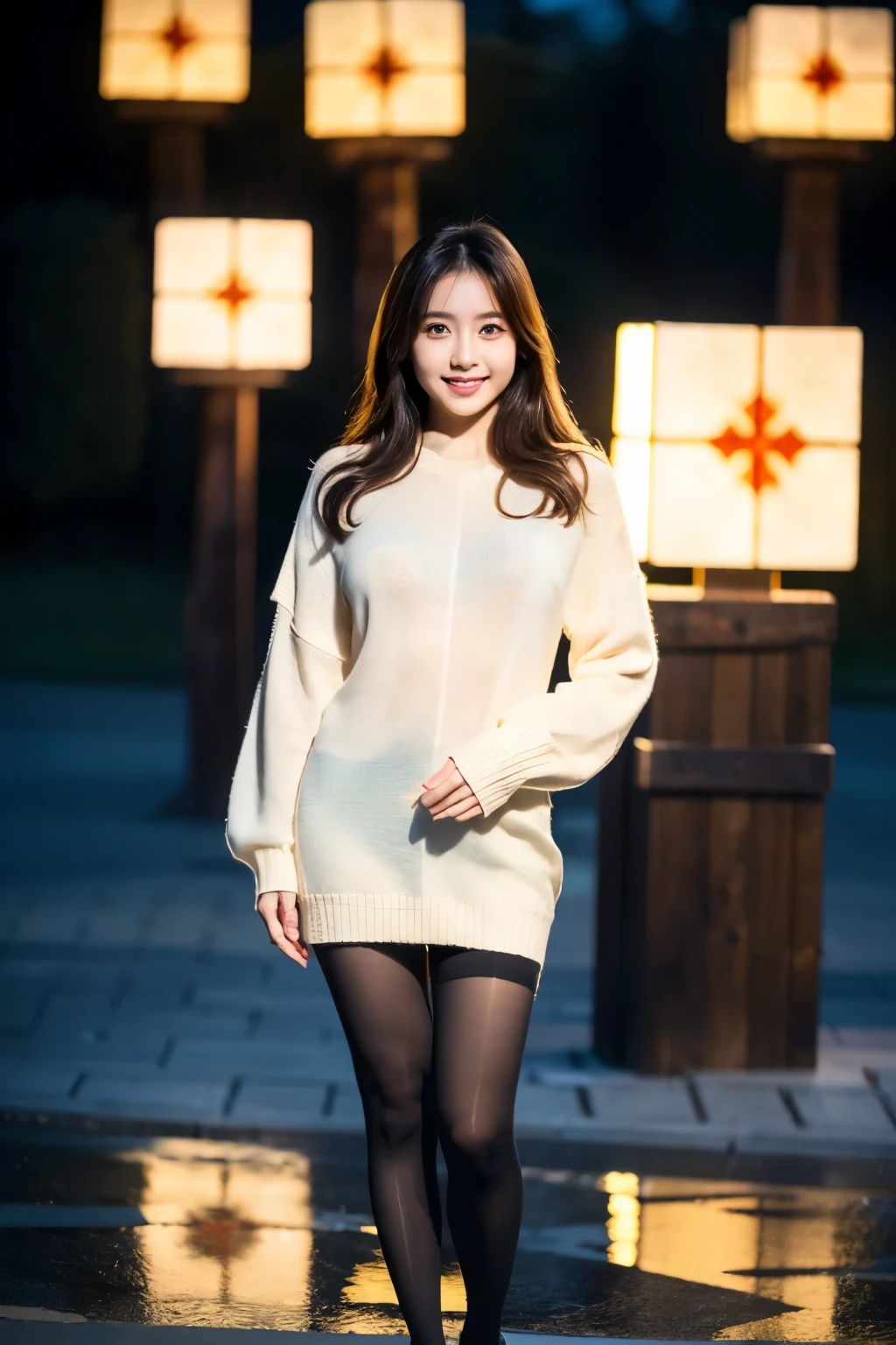 ulzzang-6500-v1.1,  (Raw photo:1.2), (Photoreal), beautiful detailed girl, (genuine: 1.4), very detailed目と顔, beautiful and fine eyes, ((A very beautiful illumination square at night:1.5)), (( Midwinter Sweater:1.3, super realistic pantyhose:1.2))、Self snap、Instagram、game_ticker, huge file size, High resolution, very detailed, highest quality, [masterpiece:1.6], enlightenment, very detailed, nffsw, finely, highest quality, 8k wallpaper, movie lighting, 1 girl, , perfect body shape, cute droopy eyes beautiful big eyeuste piece)), highest quality, 1 girl, eye shadow,  portrait, ((full body shot:1.4))、(very affectionate smile:1.2)、realistic skin texture、shiny skin、exposed thighs!!!