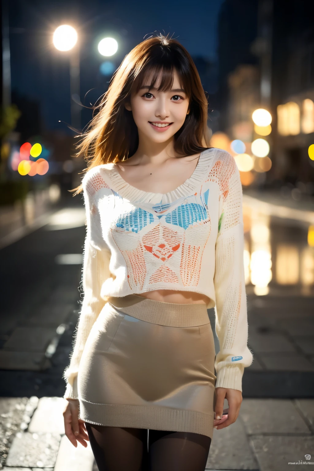 ulzzang-6500-v1.1,  (Raw photo:1.2), (Photoreal), beautiful detailed girl, (genuine: 1.4), very detailed目と顔, beautiful and fine eyes, ((A very beautiful illumination square at night:1.5)), (( Midwinter Sweater:1.3, super realistic pantyhose:1.2))、Self snap、Instagram、game_ticker, huge file size, High resolution, very detailed, highest quality, [masterpiece:1.6], enlightenment, very detailed, nffsw, finely, highest quality, 8k wallpaper, movie lighting, 1 girl, 17 years old, perfect body shape, cute droopy eyes beautiful big eyeuste piece)), highest quality, 1 girl, eye shadow,  portrait, ((full body shot:1.4))、(very affectionate smile:1.2)、realistic skin texture、shiny skin、exposed thighs!!!