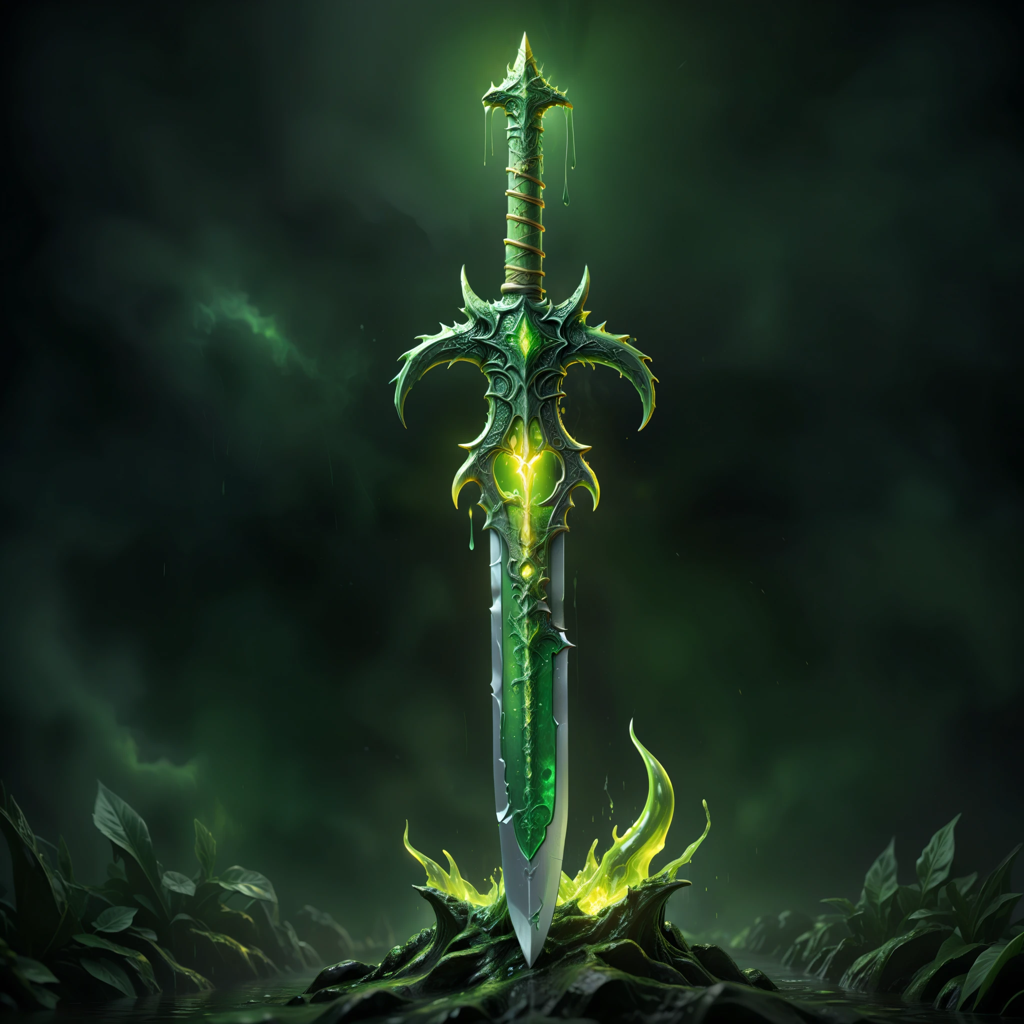 mysterious Dragon, pixel art, highly detailed, accurate, bleeding, cartoon illustration, toxic slime green sword, toxic goo, dripping, green color, green aura power around the sword, yellow explosion