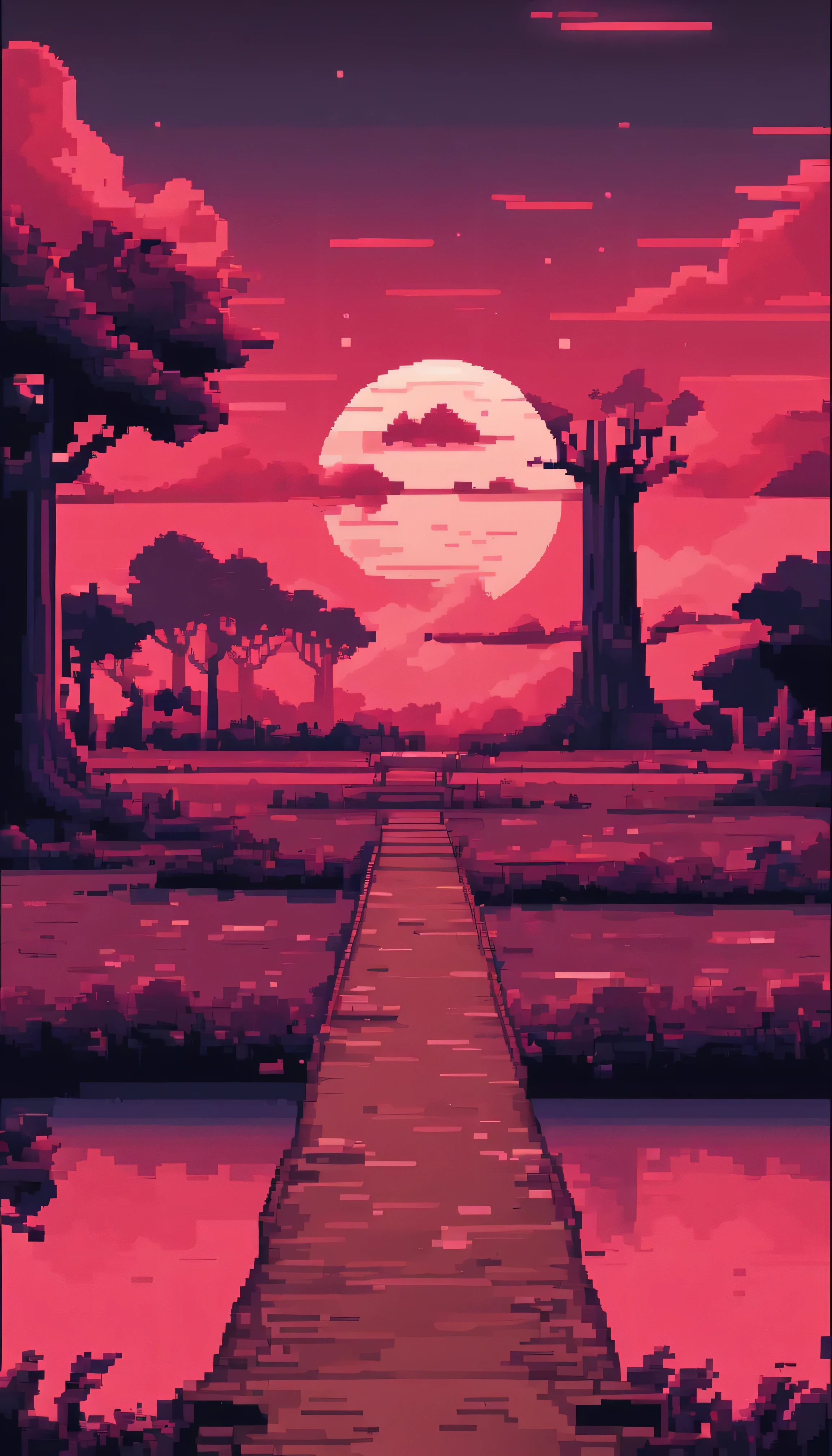 Hand POV walking at abandoned park, 3d pixel art 4k wallpaper, incredible pixel art details, pixel art, detailed unreal engine pixel art, half red moon sky, spooky night.
