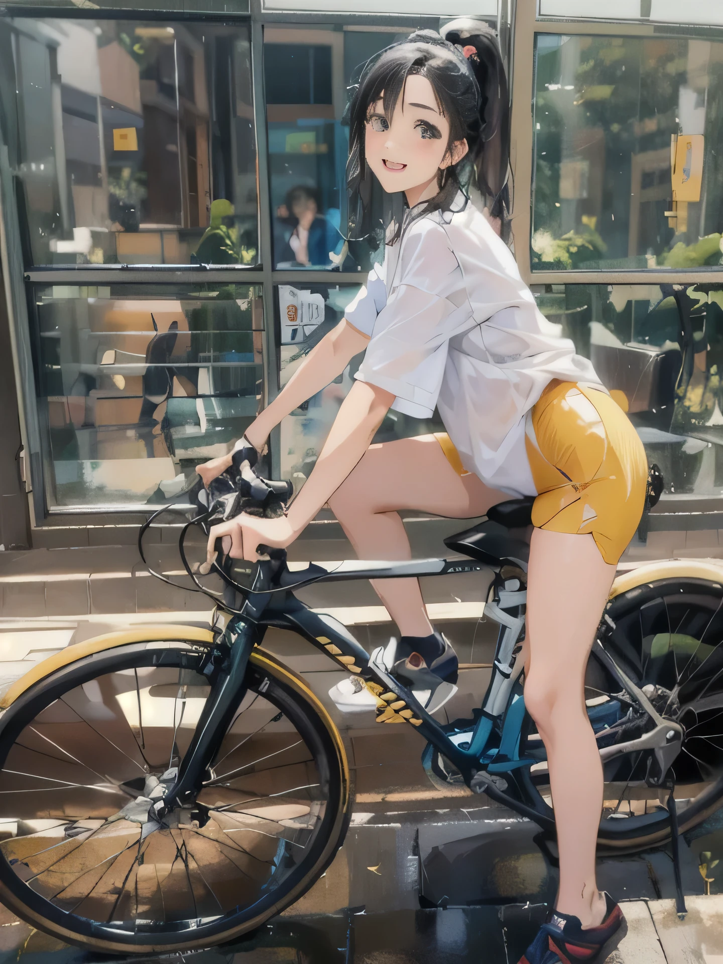 japanese woman riding a yellow bicycle in front of a yellow building, japanese girl、 bicycle, cute japanese idol、 Gravure idol、riding a bicycle,   yellow clothes, photo shoot, Japanese female fashion model, on a sunny day, smile、blush、((ponytail))、(black hair)、round chin、plump cheeks、