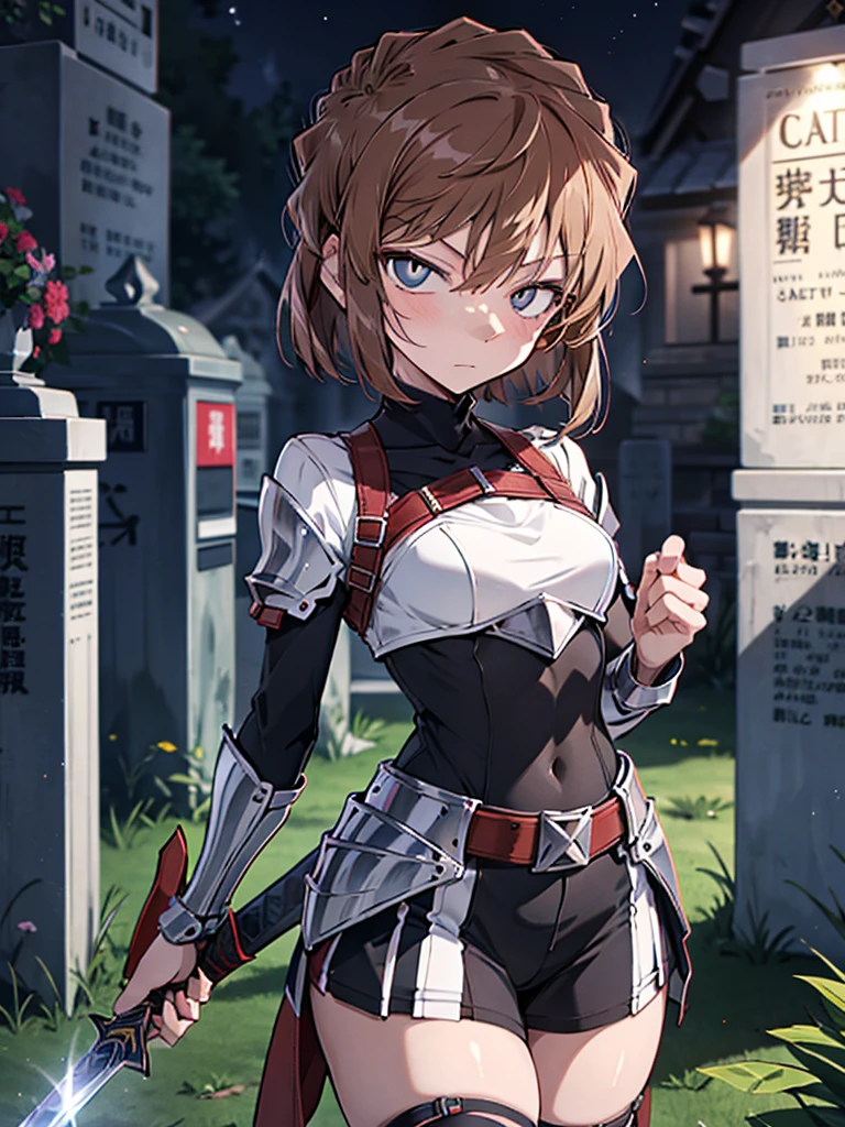 Haibara Ai、girl、one person、brown hair、Cat ear、cat tail、Western armor、knight、prepare a sword、excalibur、night、cemetery、UHD, retina, masterpiece, ccurate, anatomically correct, textured skin, high details, best quality