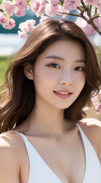 Cherry tree、swimsuit、open chest、I'm not wearing anything inside、whole body、NiziUAYAKA、 4K、1people's women、slender、 Loose wavy styling 、seductive and attractive、Including face and skin texture.,detailed eyes、A soothing expression with a smile