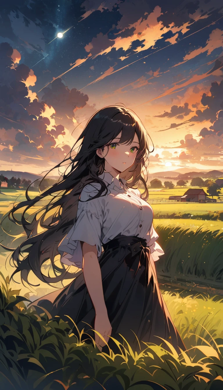 idyllic, 1 girl, Chinese yellow girl, long black hair, 24 years old, modern clothing (grassland, sun, cloud, field, farm, starlight, Trail)