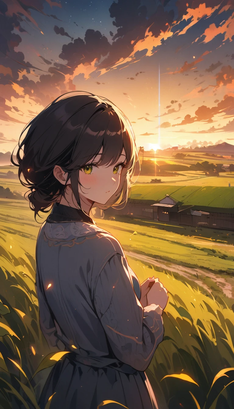 idyllic, 1 girl, Chinese yellow girl, long black hair, 24 years old, modern clothing (grassland, sun, cloud, field, farm, starlight, Trail)  