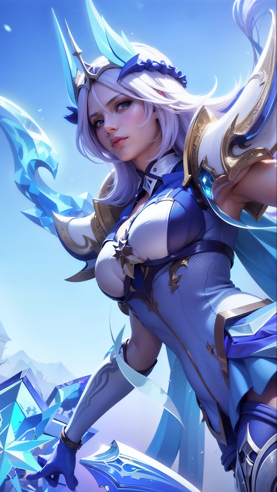a woman in a blue outfit holding a sword and a sword, ashe, queen of ice and storm, ice sorceress, freezing blue skin, irelia, jaina proudmoore, extremely detailed artgerm, ig model | artgerm, seraphine ahri kda, mobile legends, crystalline skin, ice mage, splash art, 8k, ultra hd, ultra detailed texture, hyper realistic, masterpiece, detailed texture, detailed face, detailed skin, detailed lighting, (photorealistic:1.5), best quality, beautiful lighting, cinematic lighting, professional lighting, ultra highres, realistic, detailed hair, real hair, high quality, (realskin:1.5), extremely detailed, finely detail, ultra-detailed, glare, blue eyes