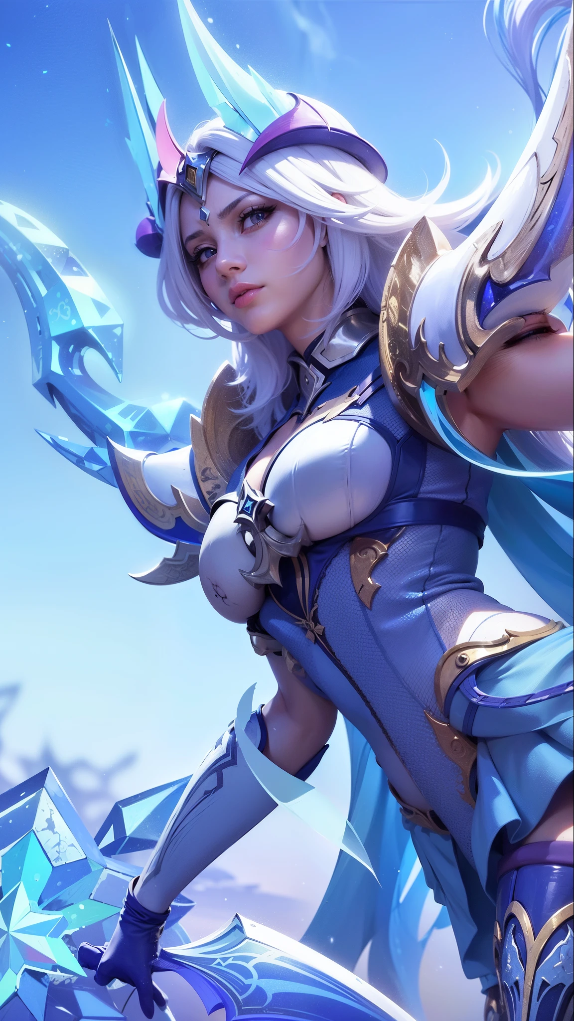a woman in a blue outfit holding a sword and a sword, ashe, queen of ice and storm, ice sorceress, freezing blue skin, irelia, jaina proudmoore, extremely detailed artgerm, ig model | artgerm, seraphine ahri kda, mobile legends, crystalline skin, ice mage, splash art, 8k, ultra hd, ultra detailed texture, hyper realistic, masterpiece, detailed texture, detailed face, detailed skin, detailed lighting, (photorealistic:1.5), best quality, beautiful lighting, cinematic lighting, professional lighting, ultra highres, realistic, detailed hair, real hair, high quality, (realskin:1.5), extremely detailed, finely detail, ultra-detailed, glare, blue eyes