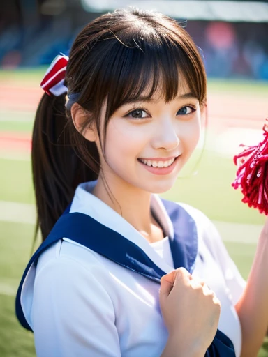 A  with a cute idol-like face。Gentle and cute。Please smile kindly。She is a cheerleader at school　Cheerleader uniforms are bikini type　I&#39;m in the school gymnasium　Bust is larger　Raw photo　real　genuine　High definition　real life　No copyright notice