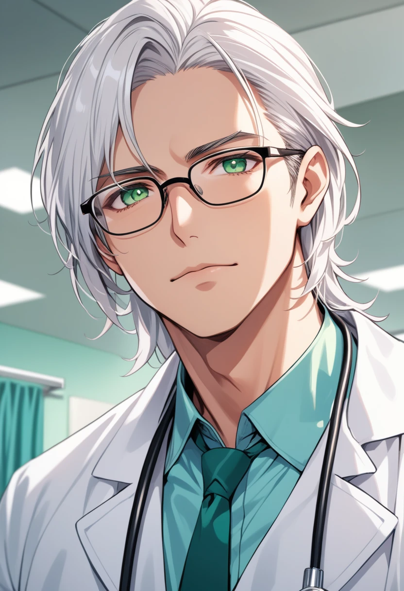 (masterpiece, best quality:1.2), (1boy), solo, 8k, white hair, ((long hair)), glasses, handsome male, very detailed, tall, doctor, anime style, at a hospital, white coat, blushing, beautiful green eyes, dynamic perspective, sharp focus, extremely detailed eyes and face, bangs, from underneath, no focus