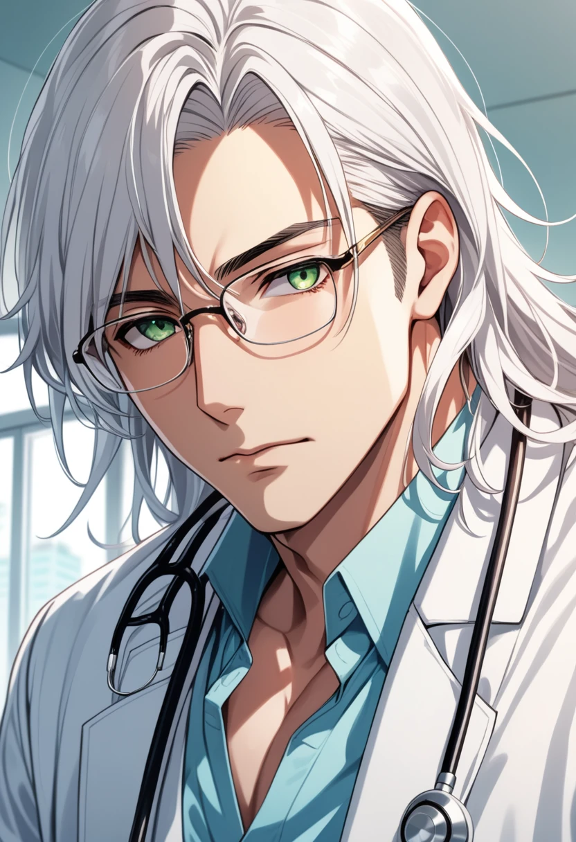 (masterpiece, best quality:1.2), (1boy), solo, 8k, white hair, ((long hair)), glasses, handsome male, very detailed, tall, doctor, anime style, at a hospital, white coat, blushing, beautiful green eyes, dynamic perspective, sharp focus, extremely detailed eyes and face, bangs, from underneath, no focus