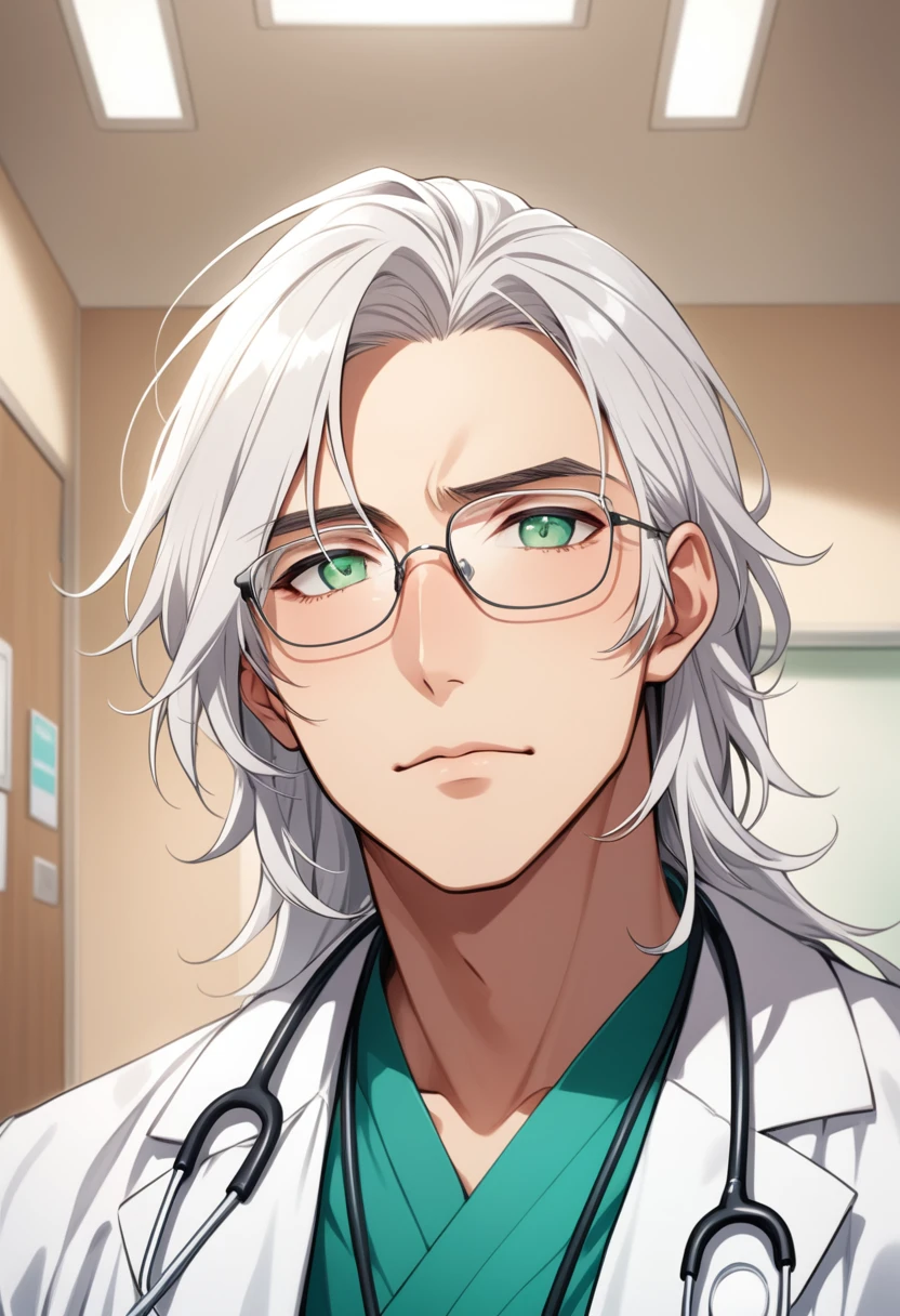 (masterpiece, best quality:1.2), (1boy), solo, 8k, white hair, ((long hair)), glasses, handsome male, very detailed, tall, doctor, anime style, at a hospital, white coat, blushing, beautiful green eyes, dynamic perspective, sharp focus, extremely detailed eyes and face, bangs, from underneath, no focus